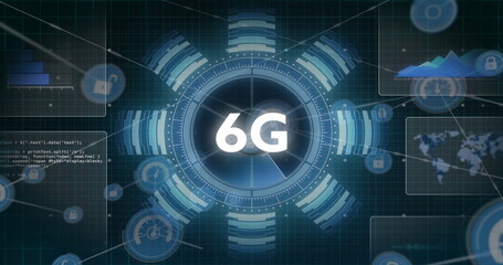 Image of 6g text, network of connections with icons and data processing