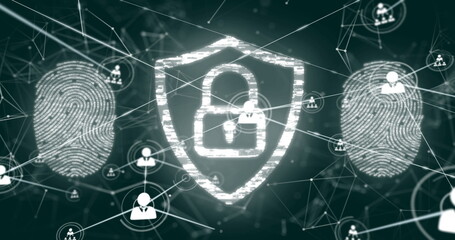 Image of padlock, biometric fingerprint, network of connections with icons and data processing