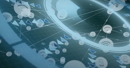 Image of network of connections with icons and data processing