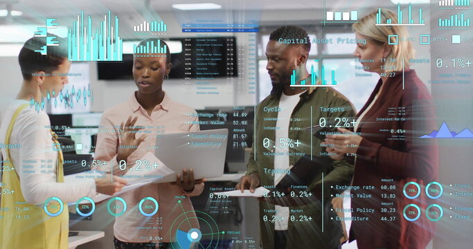 Image of financial data processing over diverse business people in office