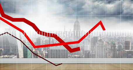 Fototapeta premium Image of graph processing data over cloudy cityscape