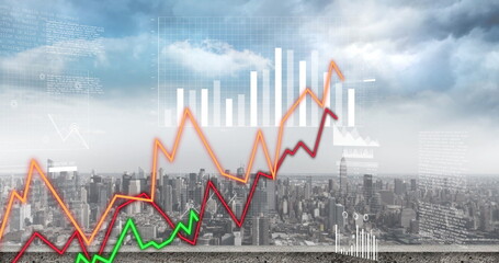 Image of graphs and charts processing data over cloudy cityscape