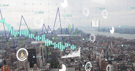 Image of charts and graphs processing data over cityscape