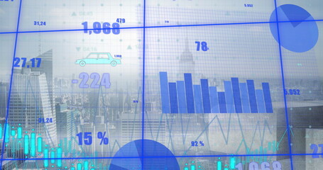 Image of blue charts processing data and energy icons over cityscape