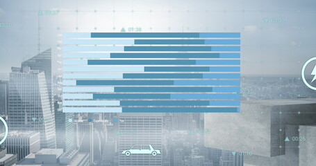 Image of blue chart processing data and energy icons over cityscape