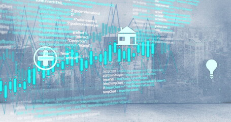 Image of energy icons and processing data over cloudy cityscape