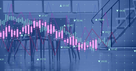 Image of financial data processing over chairs in empty office