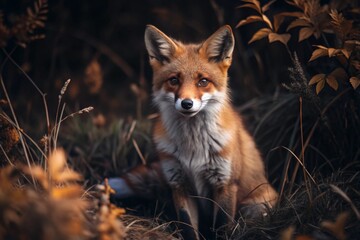 A cute red fox sitting among the autumn foliage. Animal hunting.