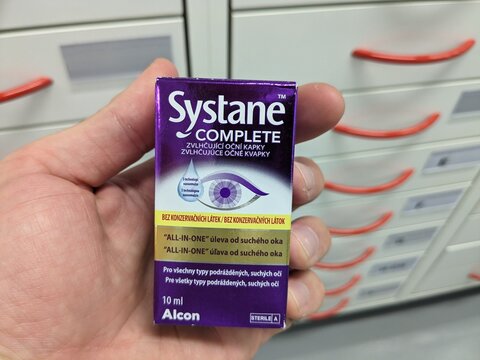 Prague, Czech Republic - July 9 2024: SYSTANE COMPLETE eye drops by ALCON, used for dry eye relief and tear film stabilization.

