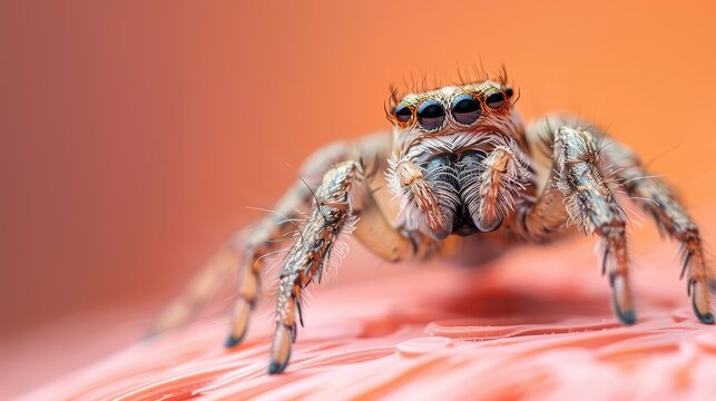 Webspinner bouncing on a solid apricot background   092 spider, insect, macro, arachnid, animal, bug, isolated, nature, white, brown, jumping, closeup, eyes, arachnophobia, hairy, predator, close, wil