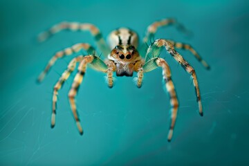 Spider midair on a solid turquoise background ar   084 spider, insect, arachnid, macro, animal, isolated, white, nature, bug, closeup, web, brown, arachnophobia, predator, hairy, scary, wildlife, legs