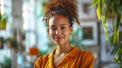 Fototapeta premium Confident young woman with curly hair smiling in a bright, plant-filled room, wearing an orange shirt.