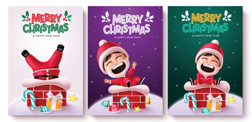 Christmas santa kid vector poster set design. Merry christmas greeting text with friendly and playful santa claus character in chimney snow winter background. Vector illustration new year card 
