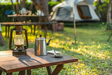 Serene campsite with vintage lantern, metal kettle on wooden table, and tent in background