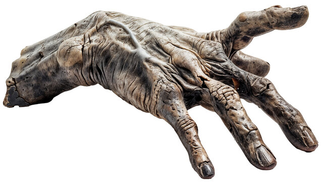 Creepy Realistic Zombie Hand Prop with Decayed Skin and Outstretched Fingers on Transparent Background