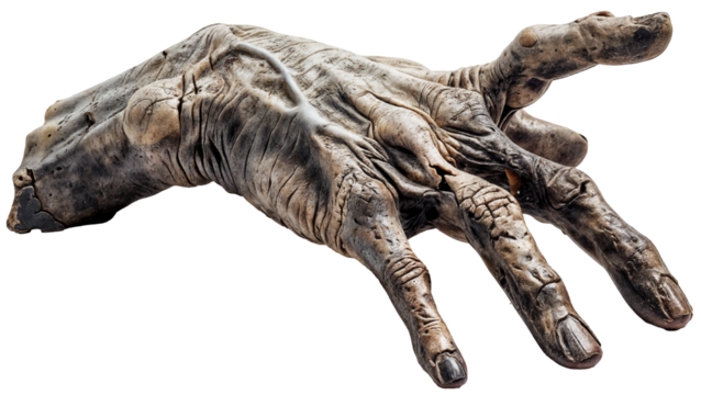 Creepy Realistic Zombie Hand Prop with Decayed Skin and Outstretched Fingers on Transparent Background