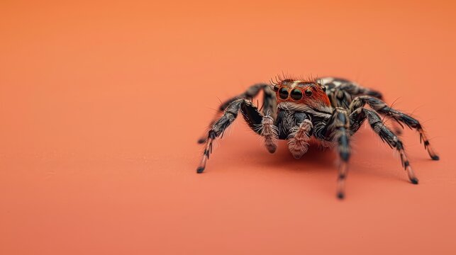 Webspinner bouncing on a solid apricot background   037 spider, insect, arachnid, macro, animal, isolated, bug, nature, white, brown, closeup, hairy, eyes, legs, arachnophobia, predator, scary, close-