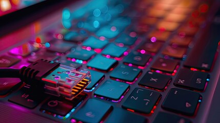 Obraz premium Close-up of a Laptop Keyboard with an Ethernet Cable