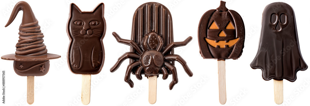 Wall mural Assorted Halloween Chocolate Popsicle Collection in Witch Hat, Cat, Spider, Pumpkin, and Ghost Shapes