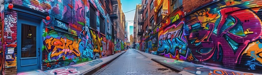 Vibrant graffiti corner in a narrow alley, colorful street art covering brick walls, urban vibe, Neon colors, Realistic, Youthful energy