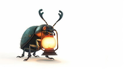 A 4D cartoon beetle with a lantern exploring at ni 36 2987 beetle, insect, bug, isolated, macro, nature, black, animal, white, 3d, red, ladybug, scarab, green, closeup, ladybird, close-up, color 