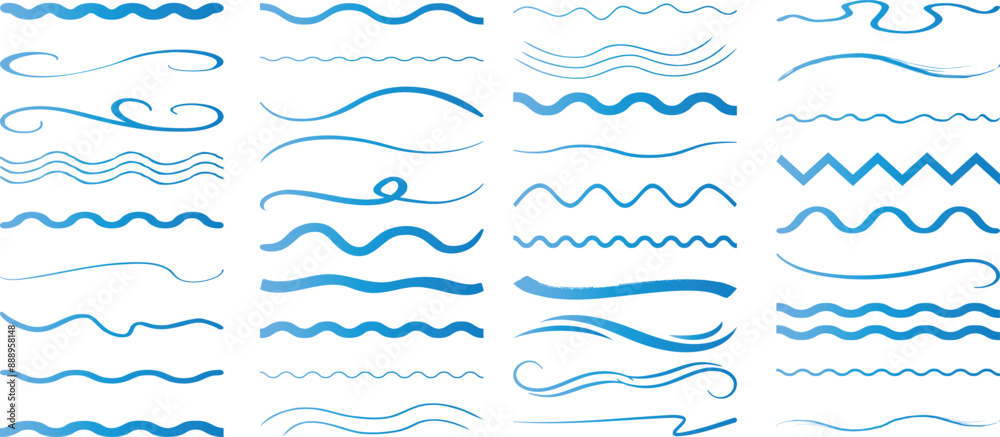Wall mural hand drawn blue wavy line vector set. perfect wave, swirl, zigzag, and curl for design elements, bor