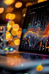 A computer monitor displays a colorful graph with a red line. The graph is a representation of a stock market trend, and the red line indicates a significant change in the market