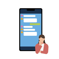 SNSアプリでのやり取りに悩む女性のイラスト