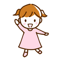 笑顔で手を挙げている女の子の全身線画イラスト