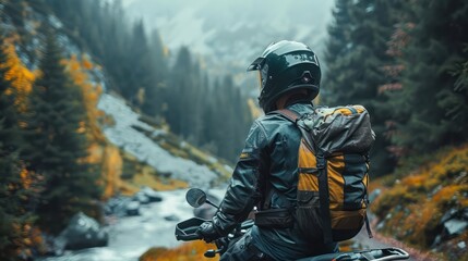 Obraz premium The young traveler rode his motorcycle through fields and lush green forests. The gentle breeze and cool air made him feel refreshed and free.