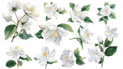 A captivating watercolor set of jasmine flowers, showcasing exquisite botanical illustrations on a transparent background.