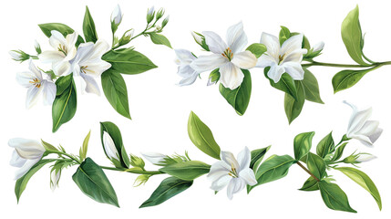 A captivating watercolor set of jasmine flowers, showcasing exquisite botanical illustrations on a transparent background.