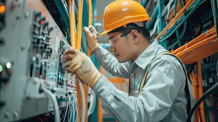 Electrician Working on a Complex Network System