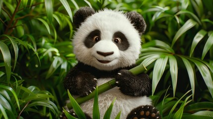 Obraz premium Charming panda toy, interacting with bamboo, in a fun and lively pose, surrounded by greenery, highly detailed, ideal for animal lovers