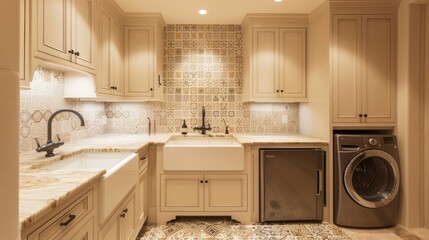 A stylish laundry room with custom cabinetry, modern appliances, a large sink, and decorative tiles.