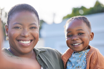 Family, selfie and mother with girl in park, happy and relax with childhood, bonding and having fun in nature or garden. Love, portrait and face of child and parent smile for picture in backyard