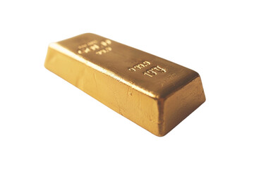 Close-up of a single gold bar with detailed engravings, placed alone on a white background, emphasizing its lustrous finish