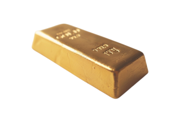 Close-up of a single gold bar with detailed engravings, placed alone on a white background, emphasizing its lustrous finish