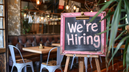 "We're Hiring" sign on a chalkboard in a cozy cafe, indicating job opportunities in a welcoming environment.