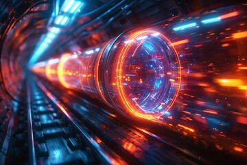 Fototapeta premium Futuristic Tunnel With Bright Orange And Blue Lights