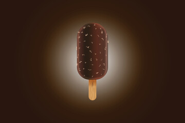 Realistic chocolate ice cream. Vector ad poster Icecream on stick. Sweet creamy dessert, dairy frozen summer food.