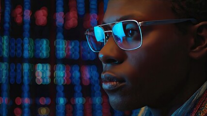 closeup shot of African American man wearing glass binary numbers reflecting on glass ai generated