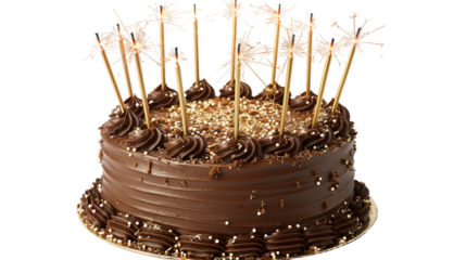 Celebrate in style with this rich chocolate fudge cake adorned with luxurious gold birthday candles and festive sparklers, perfect for birthday parties or special occasions where every detail matters.