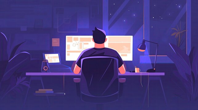 A designer working on UI/UX design for a mobile app. A flat vector illustration of a creative man in a dark purple office room with a computer and monitors displaying website wireframe mockups. 