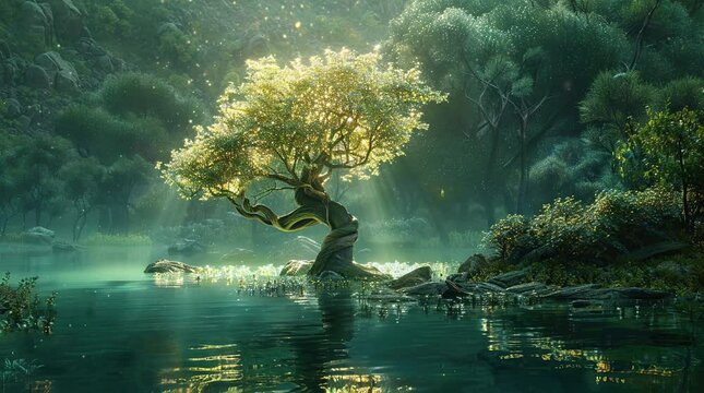 Lone huge tree by a river on a sunny day, creating a serene and picturesque scene with the majestic tree casting its reflection in t Seamless looping 4k time-lapse virtual video animation Generated AI