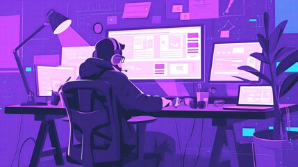 A designer working on UI/UX design for a mobile app. A flat vector illustration of a creative man in a dark purple office room with a computer and monitors displaying website wireframe mockups. 