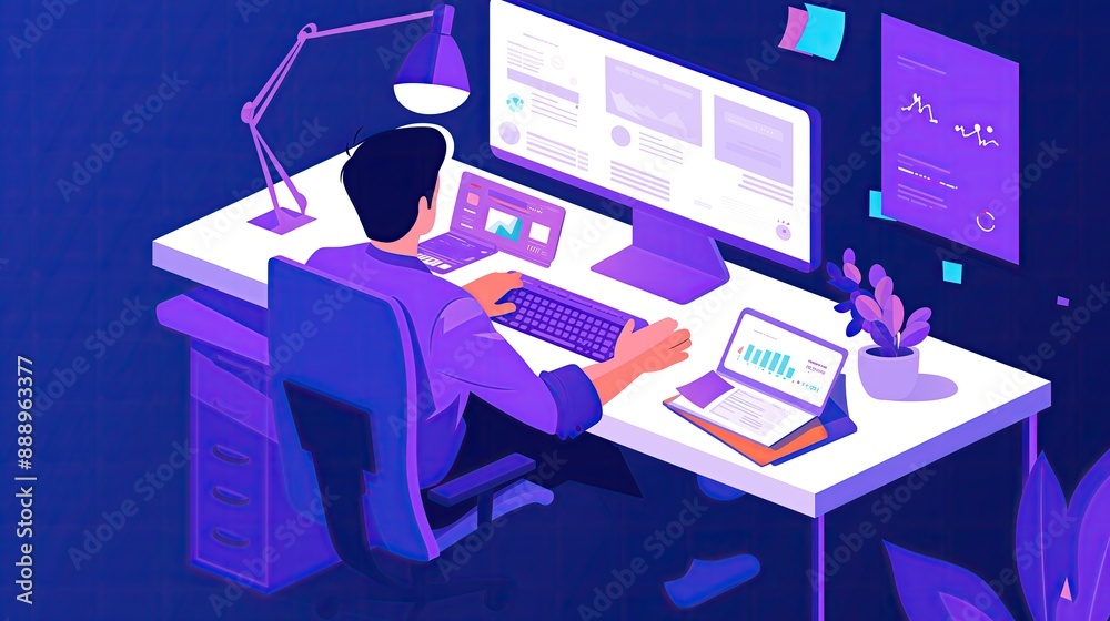 Wall mural a designer working on ui/ux design for a mobile app. a flat vector illustration of a creative man in