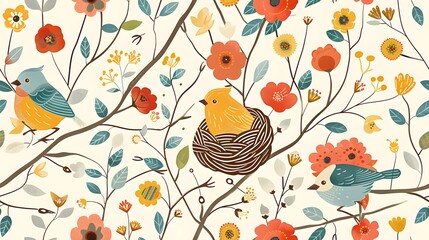 Seamless pattern with a birds nest and flowers on branches, vector illustration in a flat style