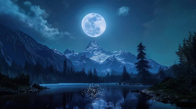 Lake, pine forest, and mountain under a full moon landscape, creating a serene and mystical scene with moonlight reflecting off the  Seamless looping 4k time-lapse virtual video animation Generated AI