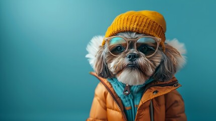 Fototapeta premium Fashionable and Adorable Doggy Wearing Warm Accessories Posing Outdoors